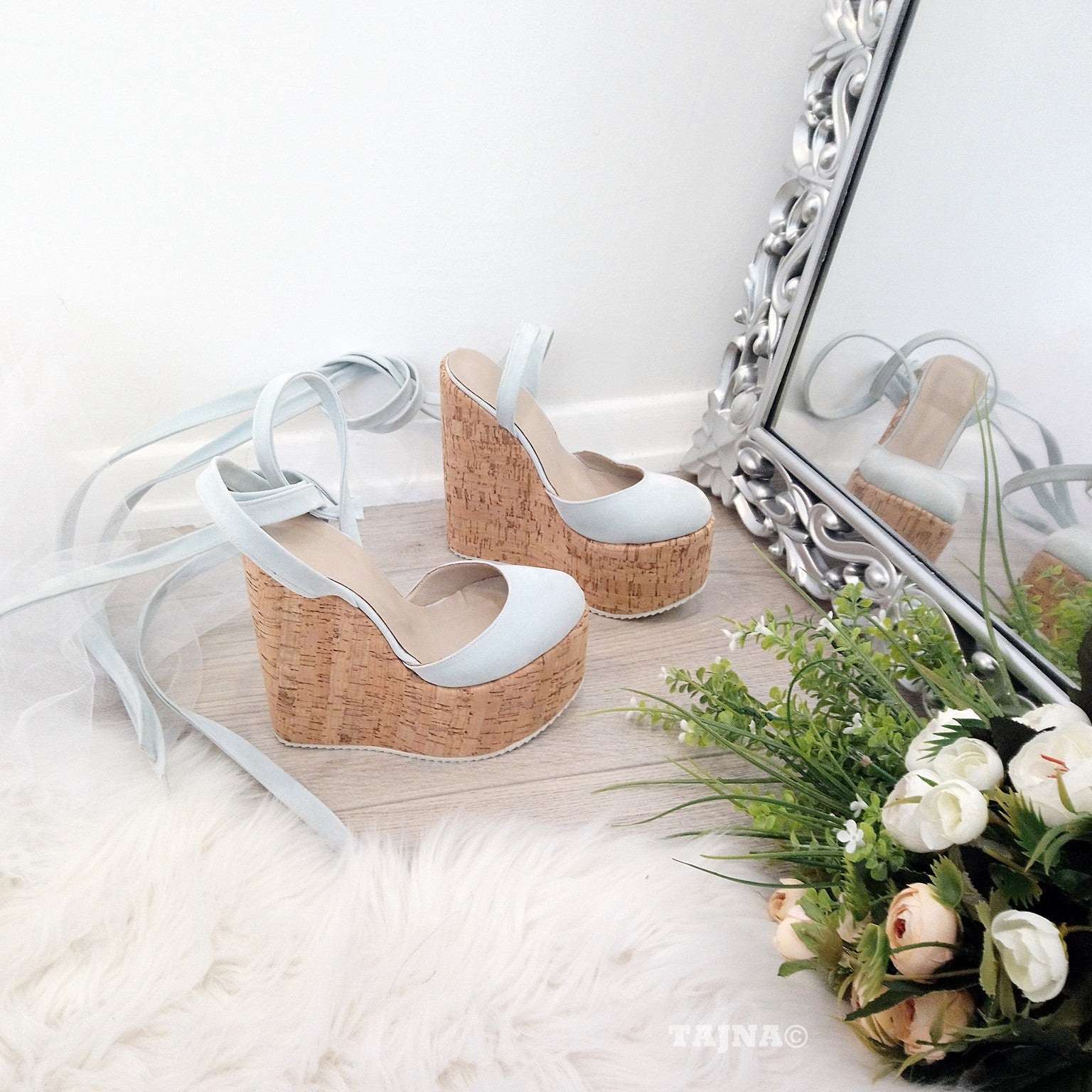 Baby Blue Lace Up High Heel Wedding Shoes Wedges