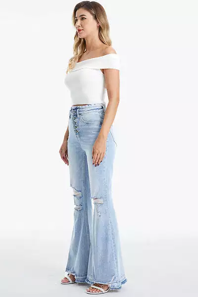 BAYEAS Full Size Distressed Raw Hem High Waist Flare Jeans