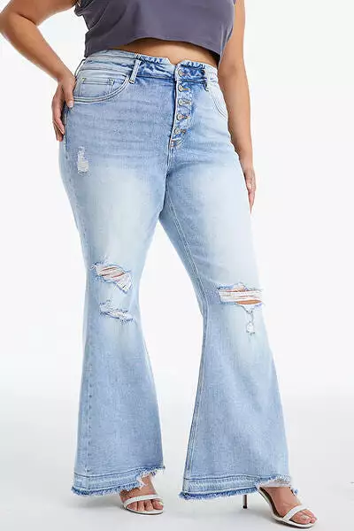 BAYEAS Full Size Distressed Raw Hem High Waist Flare Jeans