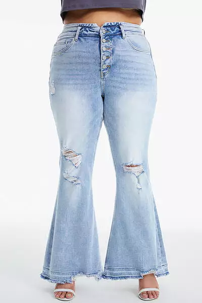 BAYEAS Full Size Distressed Raw Hem High Waist Flare Jeans