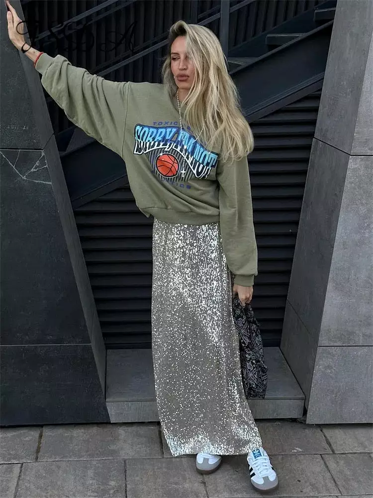 Elegant Silk Sequins Women Skirt 2023 Dropped Waist Long Skirts Streetwear Classic Skirt Fashion Female Clothing