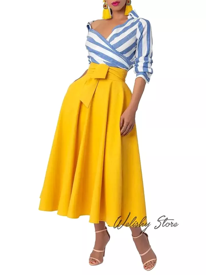 Fashion Elegant Yellow A-line Satin Skirts For Women Custom Made Female Formal Ankle Length Long Skirt Faldas Largas Muje S42243