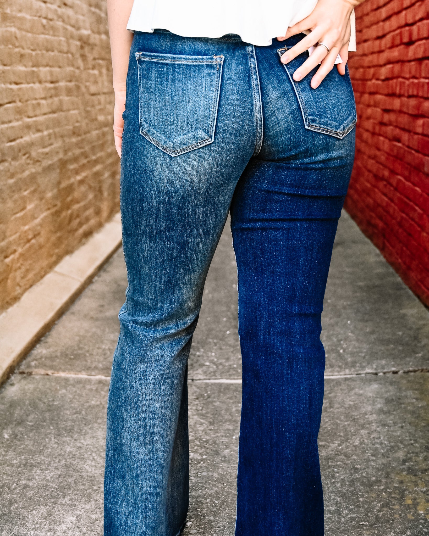 High Rise Two Tone Flare Jeans