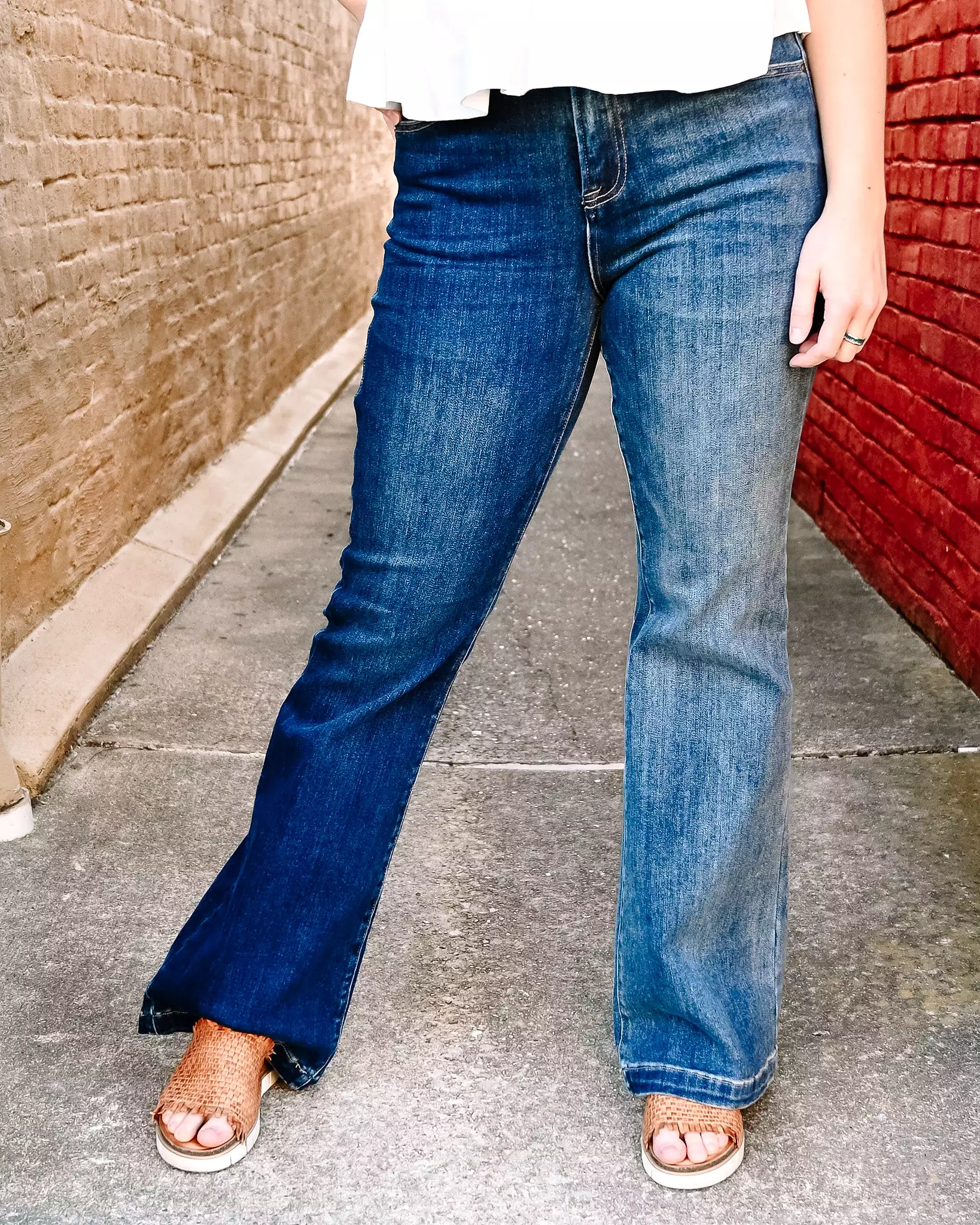 High Rise Two Tone Flare Jeans