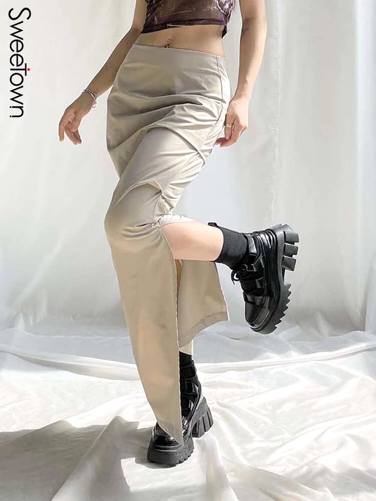 Ruched Low Waist Y2K Long Skirt For Women Split Solid Fairycore Grunge Ankle-Length Cargo Skirts Preppy Holiday Outfits