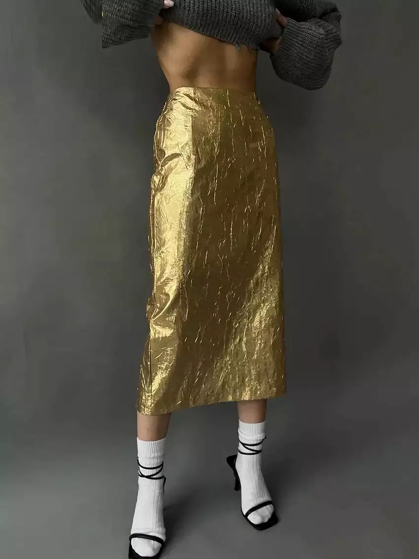 Slim Crushed Gold Women's Skirt Elegant Chic High Waist Midi Skirts