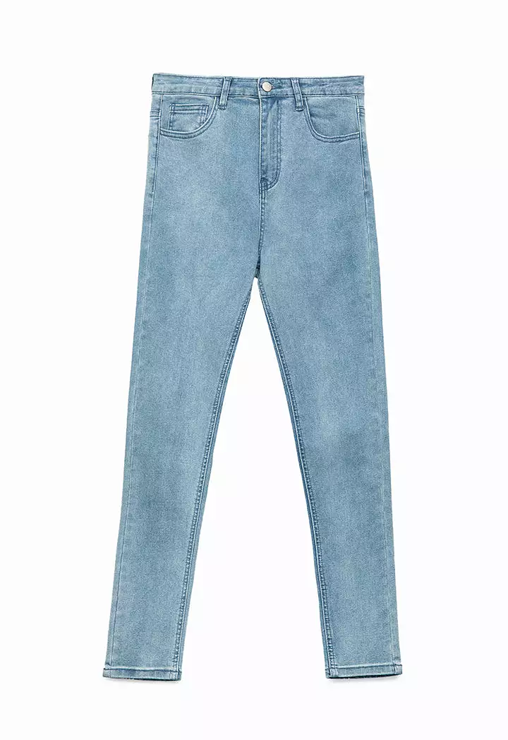 Solid Denim Pants With Back Pockets