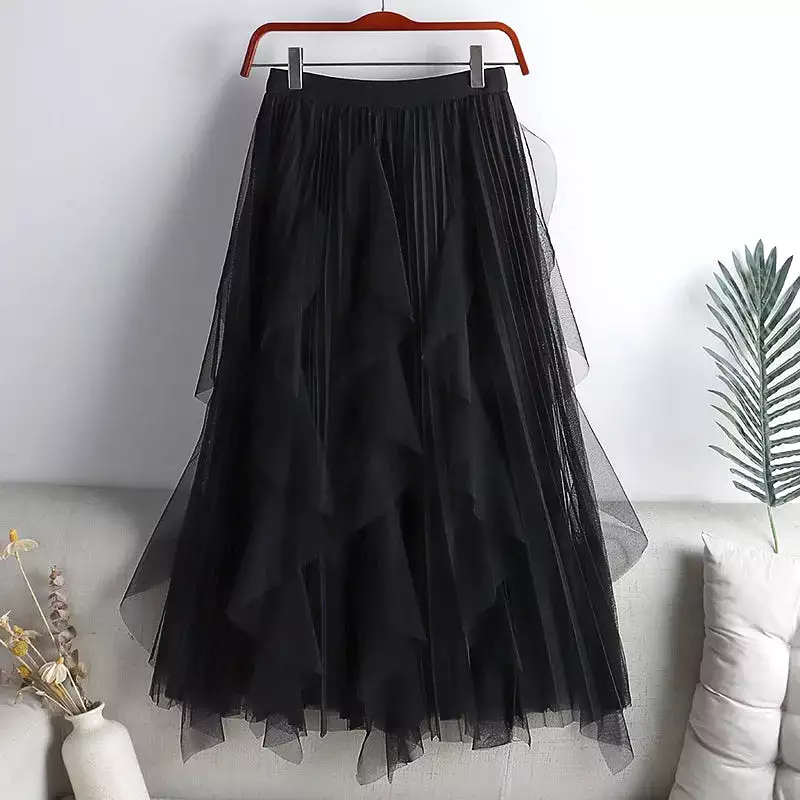 Women Solid Color Midi Mesh Black Skirt Fairy High Waist Pleated Long Printed A-line Skirt For Spring Summer