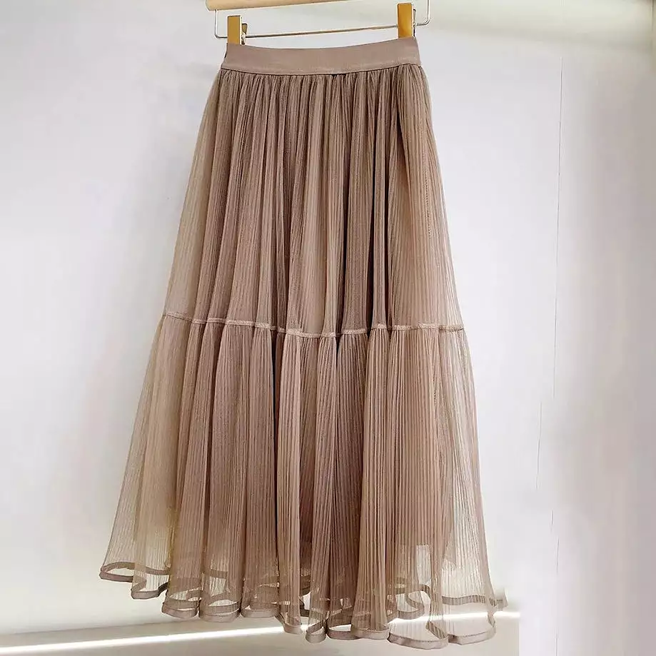 Women Solid Color Midi Mesh Black Skirt Fairy High Waist Pleated Long Printed A-line Skirt For Spring Summer