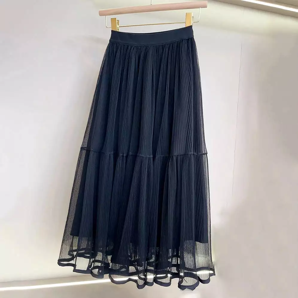 Women Solid Color Midi Mesh Black Skirt Fairy High Waist Pleated Long Printed A-line Skirt For Spring Summer