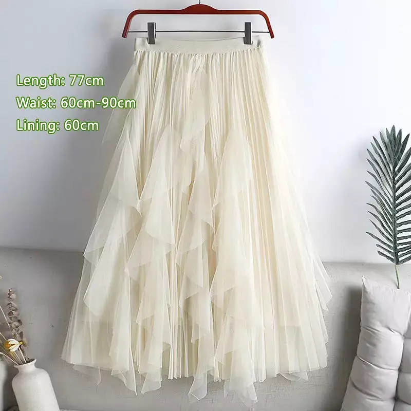 Women Solid Color Midi Mesh Black Skirt Fairy High Waist Pleated Long Printed A-line Skirt For Spring Summer