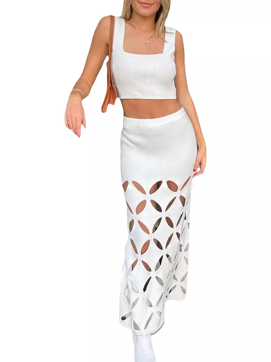 Women Summer 2 Piece Knitted Sets Tank Tops and Elastic Cutout Long Skirt