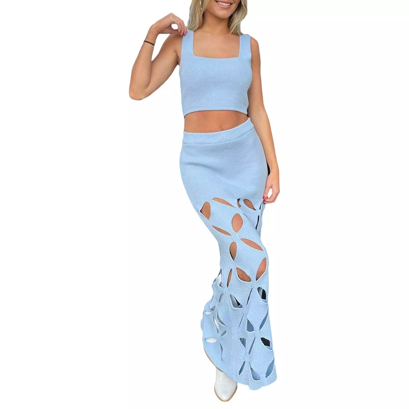 Women Summer 2 Piece Knitted Sets Tank Tops and Elastic Cutout Long Skirt