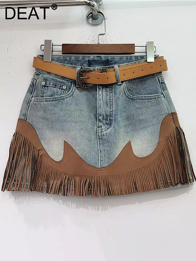 Women's Denim Skirt High Waist Spliced Contrast Color Tassel A-line Mini Skirt 2023