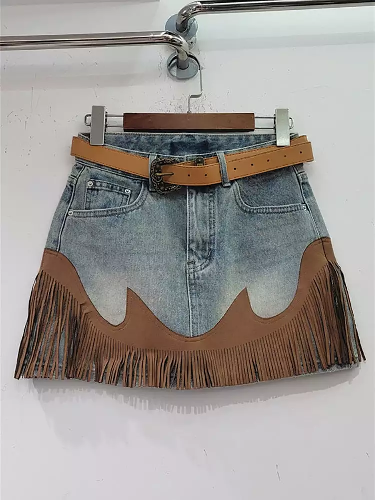 Women's Denim Skirt High Waist Spliced Contrast Color Tassel A-line Mini Skirt 2023